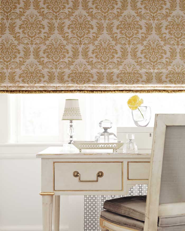 photo courtesy of tailored flat roman shades courtesy Hunter Douglas  Design Studio(tm)